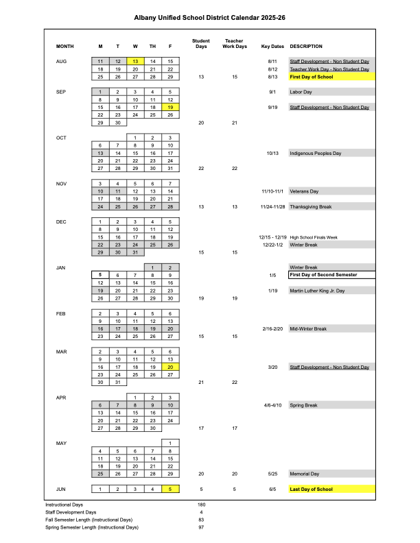 Academic calendar with school holidays